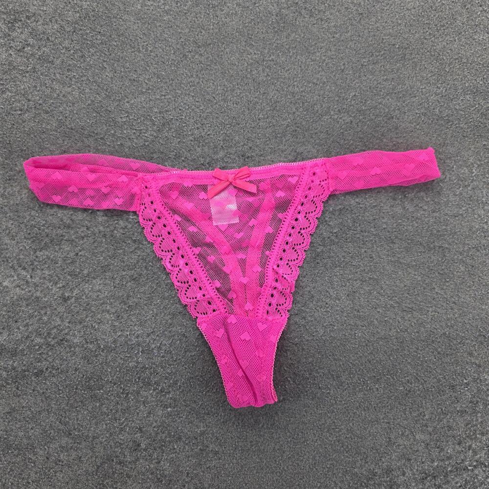 Knotty Knickers Panties Womens L Pink Thong Mesh Sheer Stretch High Leg Bow